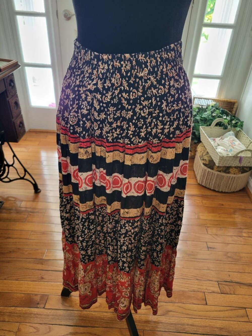 Casual Studio Mixed Print Floral Geometric Tiered Maxi Skirt S Boho Festival